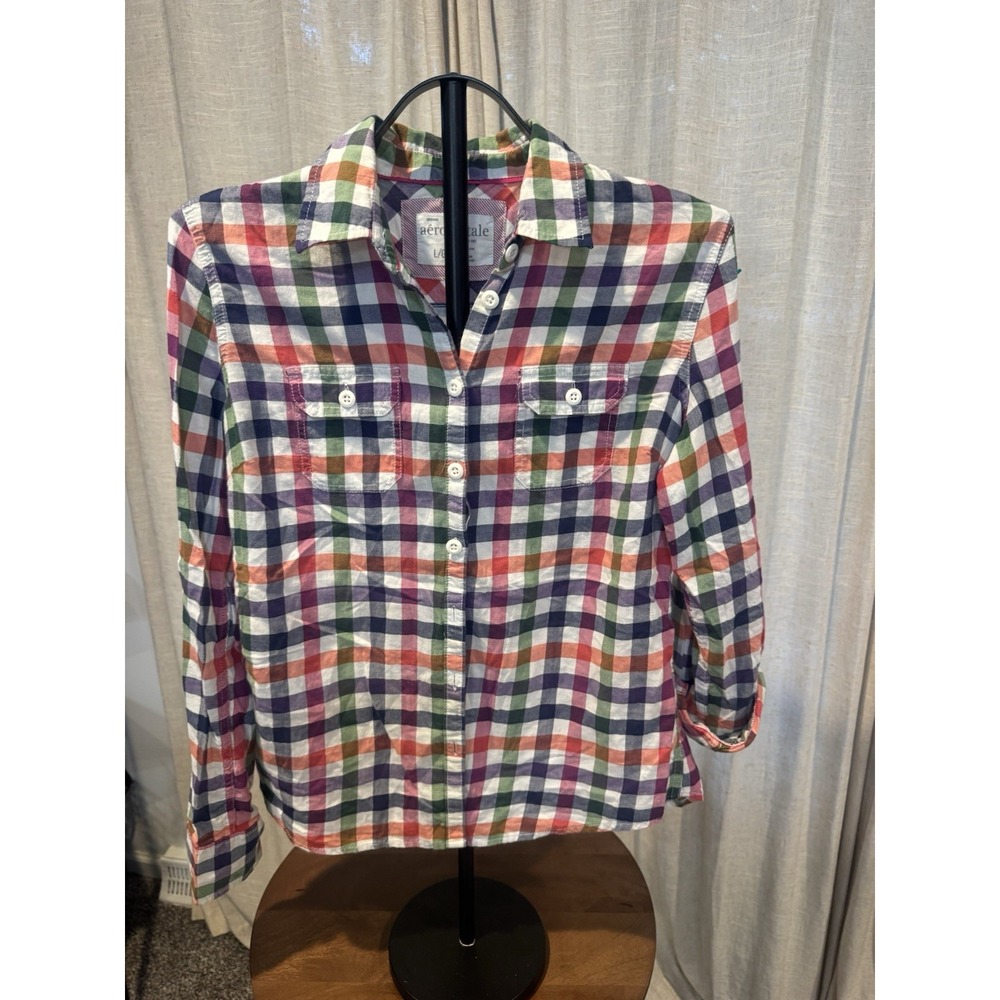 Aeropostle Women's Plaid Button Down Shirt Size L Multicolor Roll Tab Sleeve